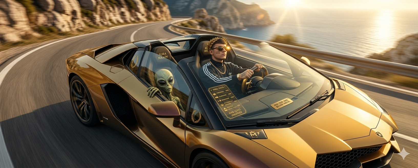 Maxim and his alien associate cruising in a gold Lamborghini at sunset